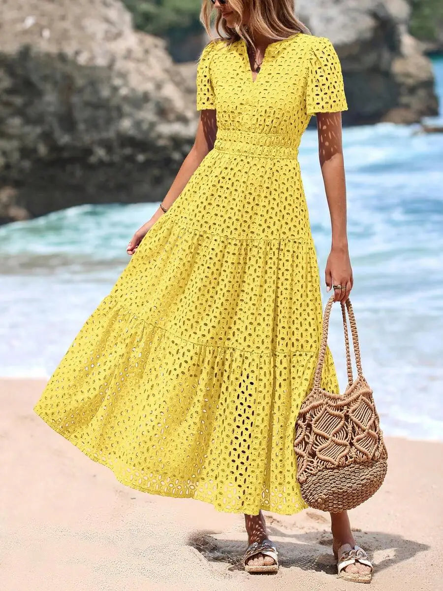 Women's Blue Eyelet Maxi Dress with V-Neck, Short Sleeves, A-Line Flowy Skirt