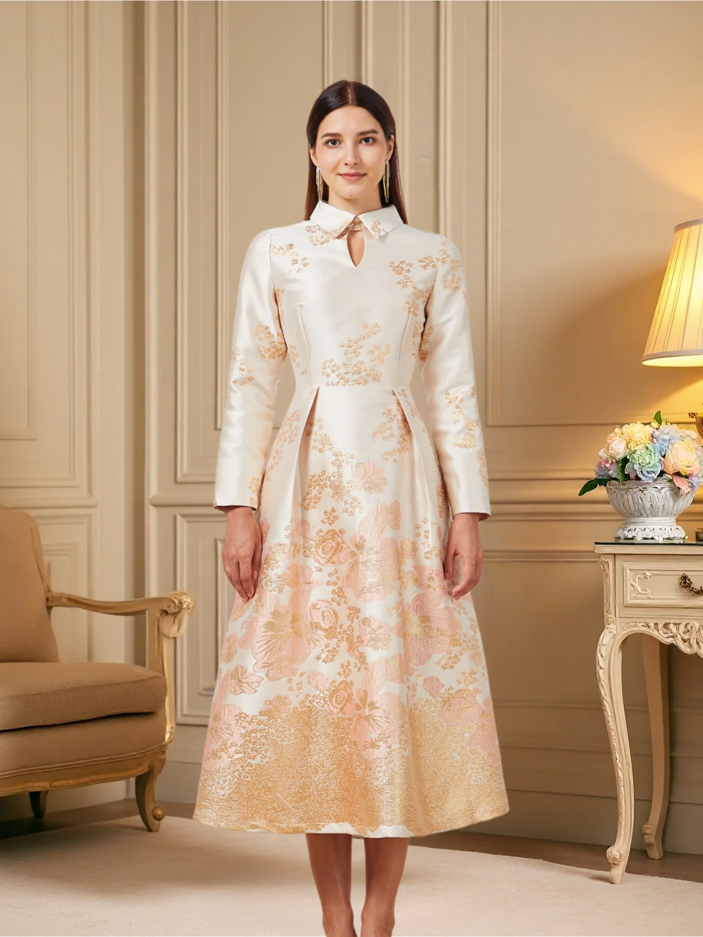 Champagne Pink Gradient Jacquard Dress with Mandarin Collar Lace-Up Waist Flared Hem — Light Luxury Banquet Gown