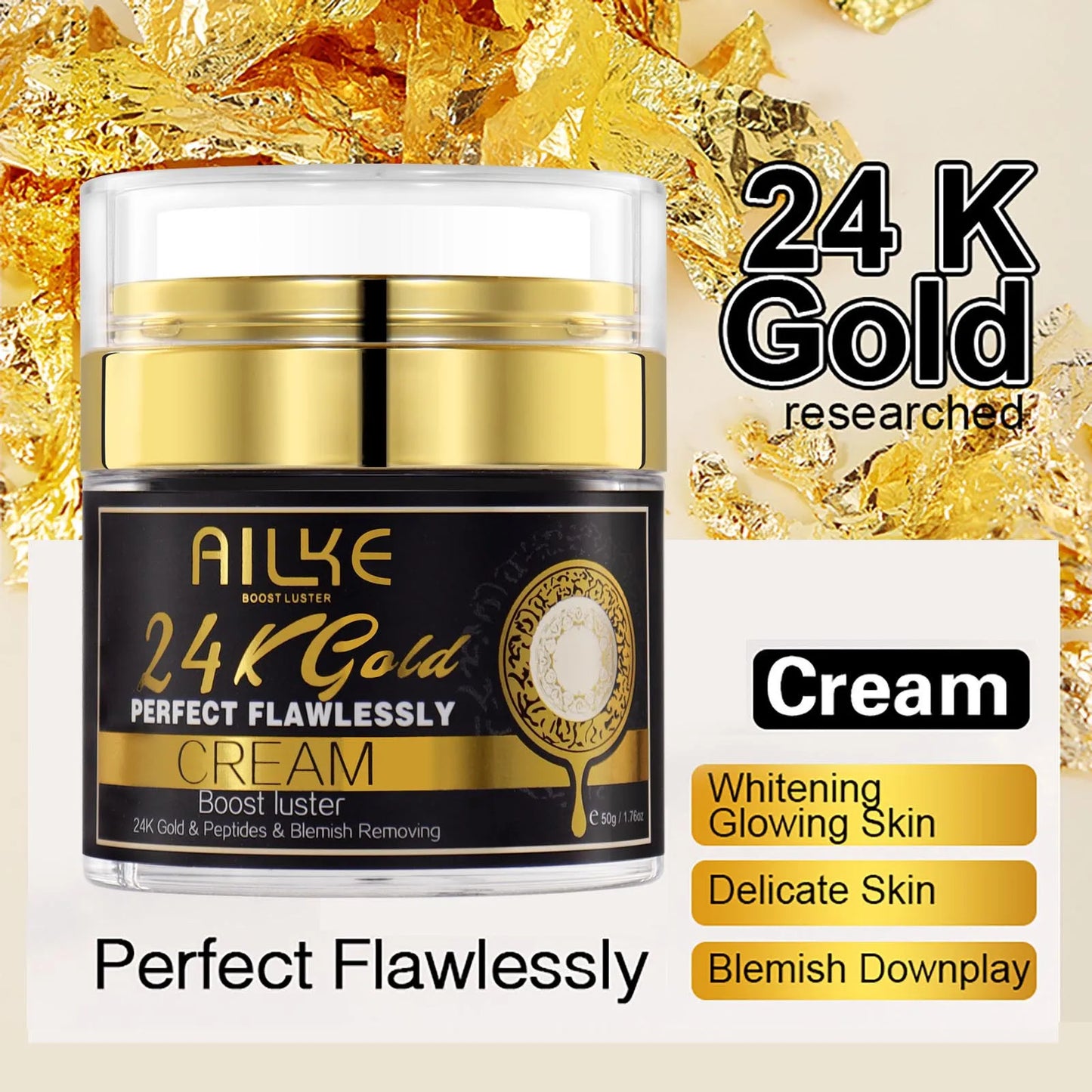 AILKE 24K Glod Flawlessly Skin Care Range, Skin Whitener, Reduce Dark Spots, Melanin, Wrinkles, Moisturize, For Women & Men