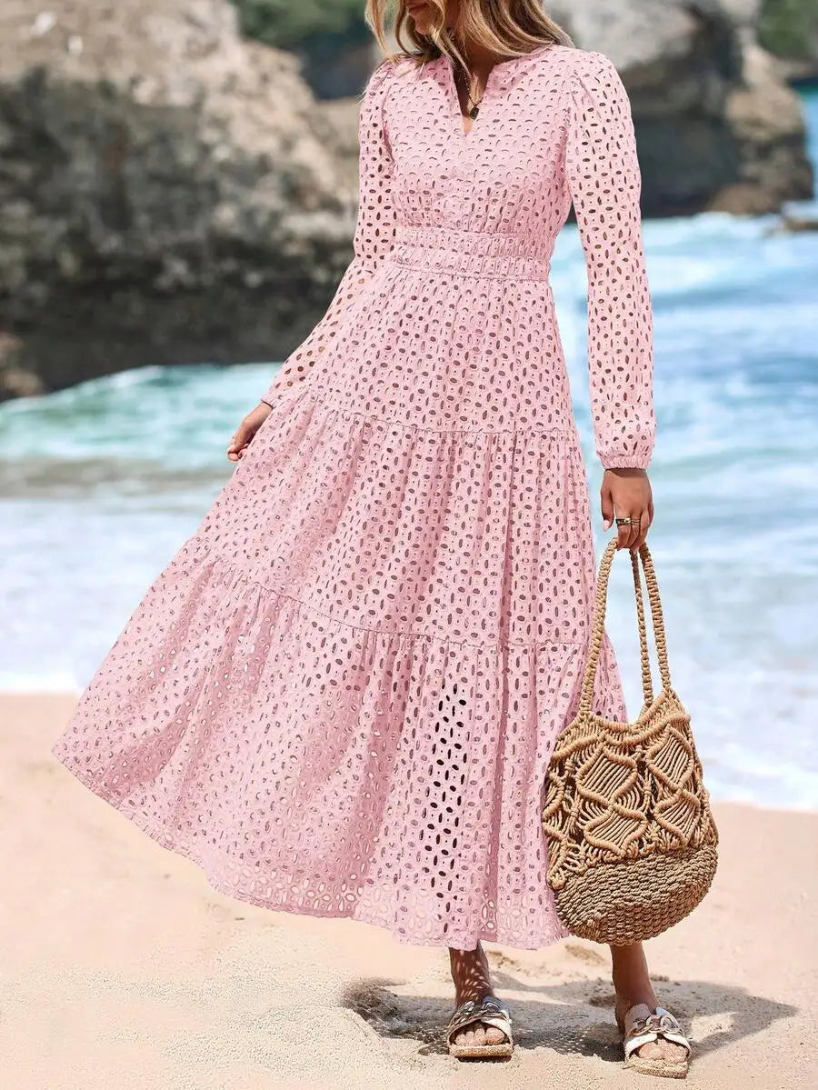 Women's Blue Eyelet Maxi Dress with V-Neck, Short Sleeves, A-Line Flowy Skirt