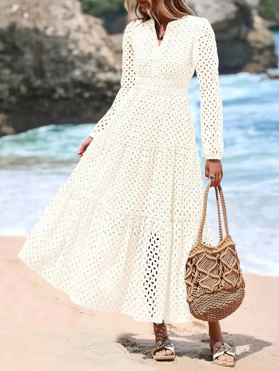 Women's Blue Eyelet Maxi Dress with V-Neck, Short Sleeves, A-Line Flowy Skirt