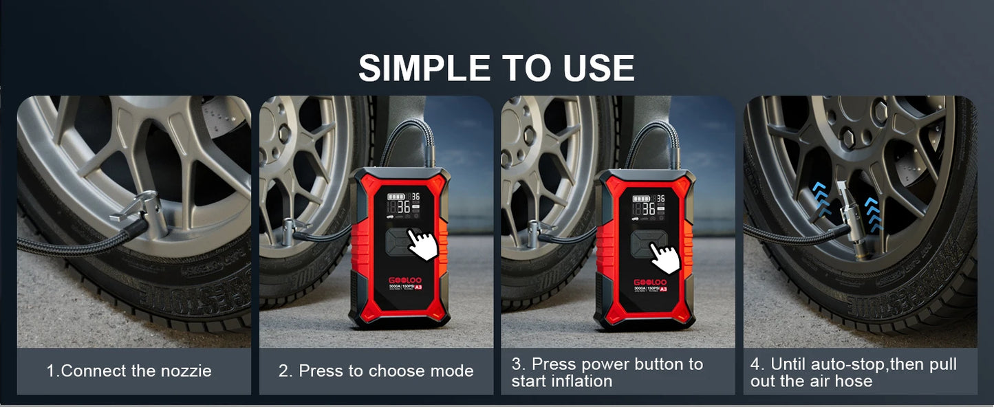 GOOLOO A3 Jump Starter with Air Compressor, 3000A Portable Car Battery Booster (9.0 Gas/6.5L Diesel) with 150PSI Auto-Shutoff Ti