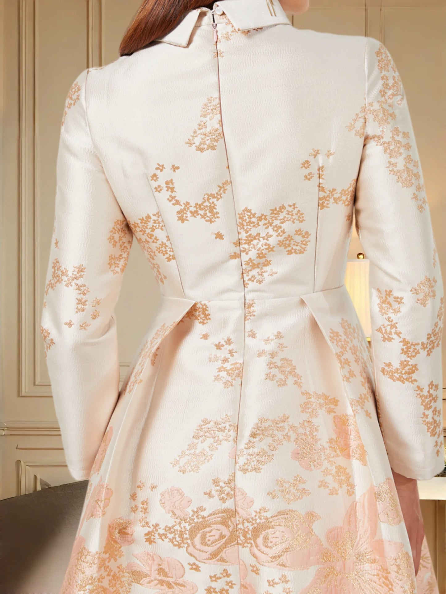 Champagne Pink Gradient Jacquard Dress with Mandarin Collar Lace-Up Waist Flared Hem — Light Luxury Banquet Gown