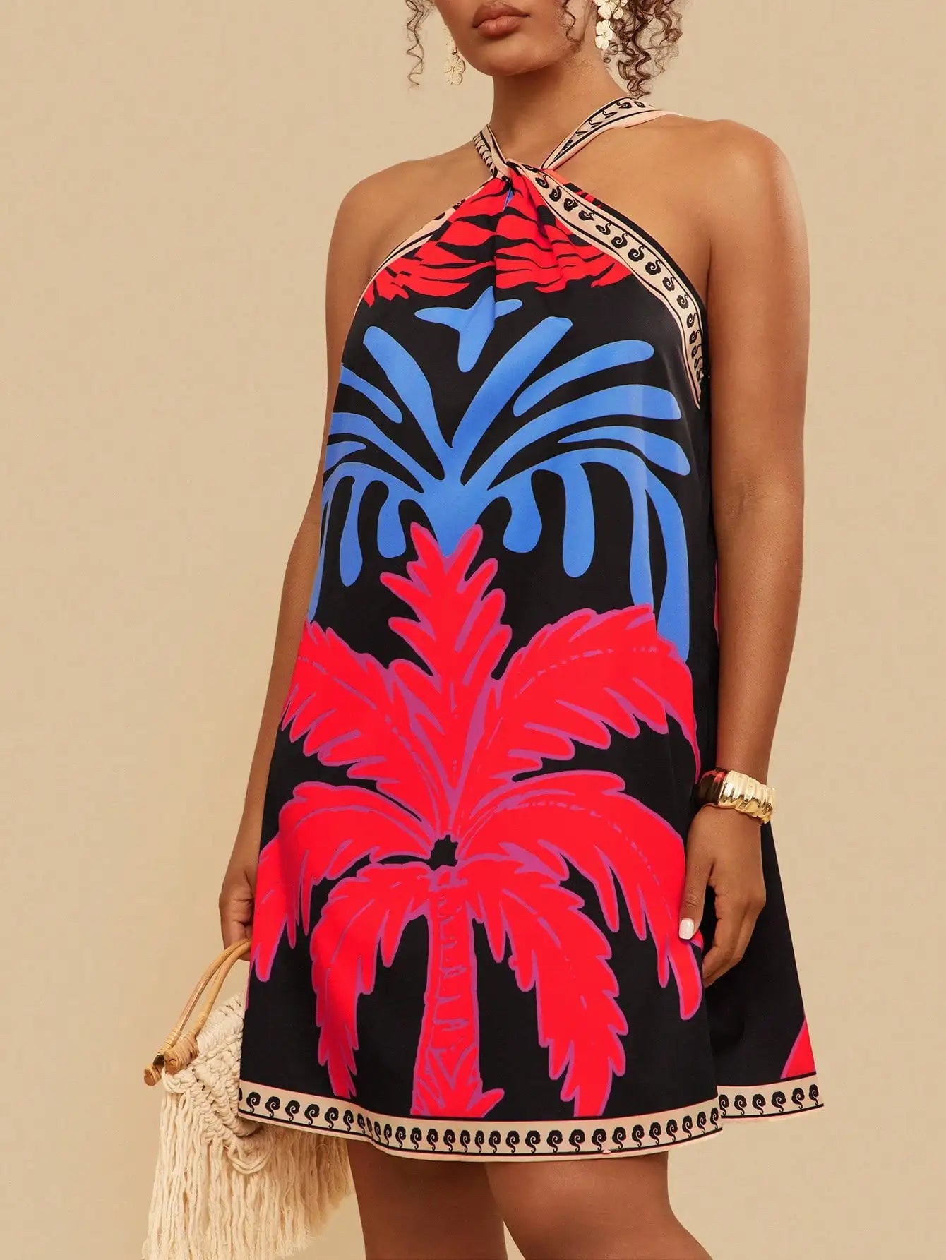 Boho Tropical Print Halter Backless Mini Dress For Summer Beach Holiday