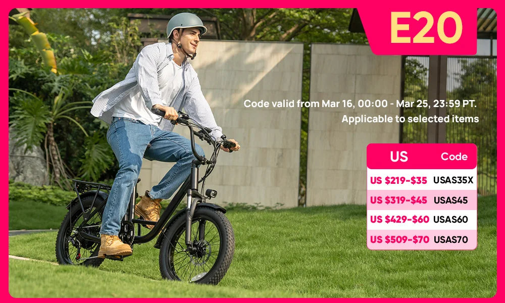 URLIFE 1000W E20 Electric Bike | 48V 13Ah Removable Battery, 20MPH, 20''X3" Fat Tire, 7-Speed E-Bike with Dual Disc Brake
