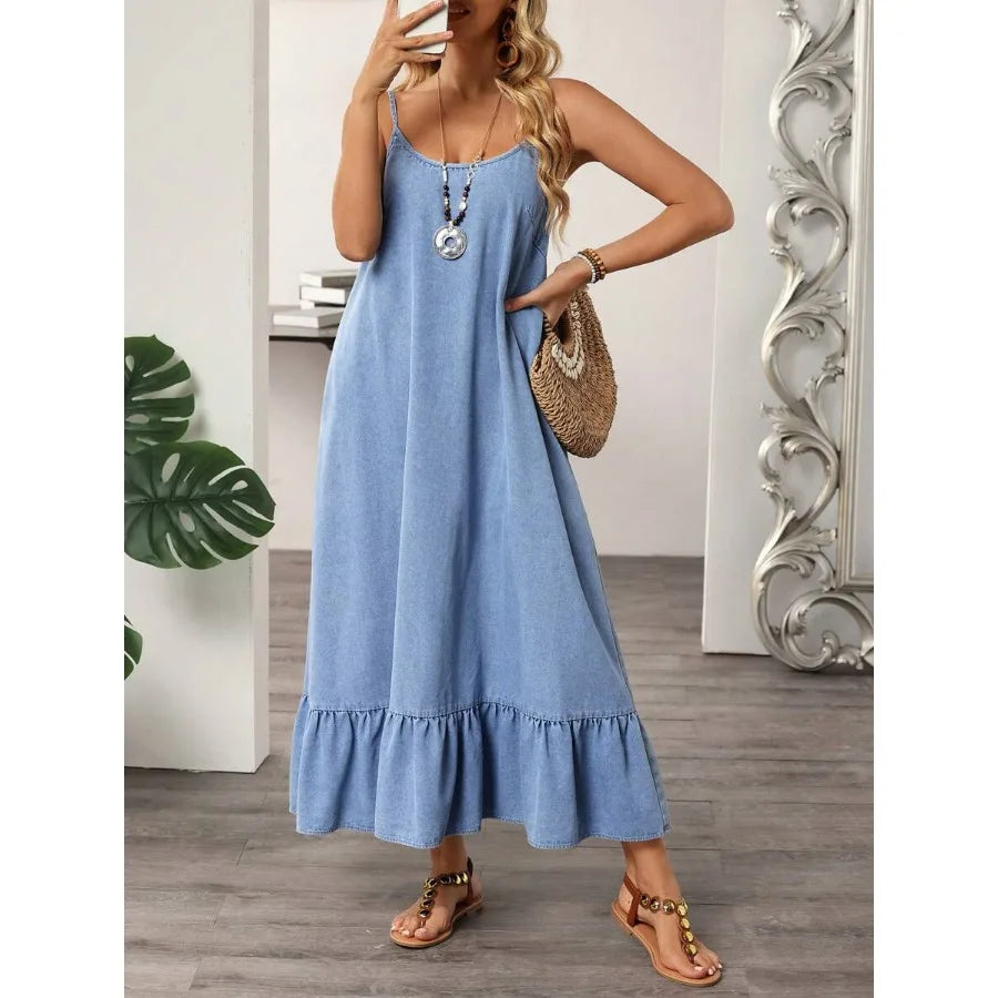 【New style】 LUNE Women's Casual Denim Dress With Ruffle Hem, Adjustable Spaghetti Straps, Summer