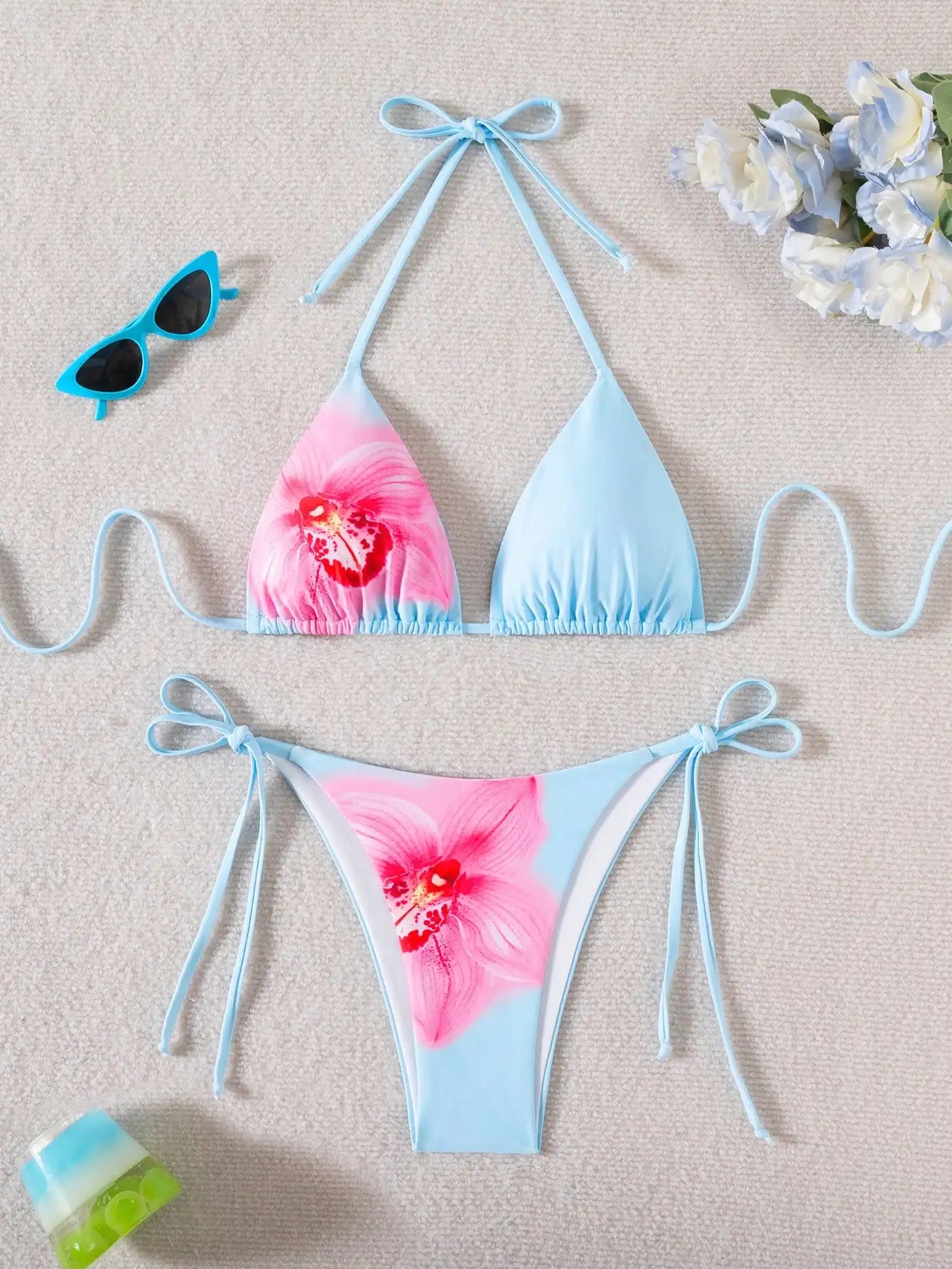 Women's Floral Print Bikini Set with Tie-Up Triangle Top & Side-Tie Bottom, Summer Beachwear