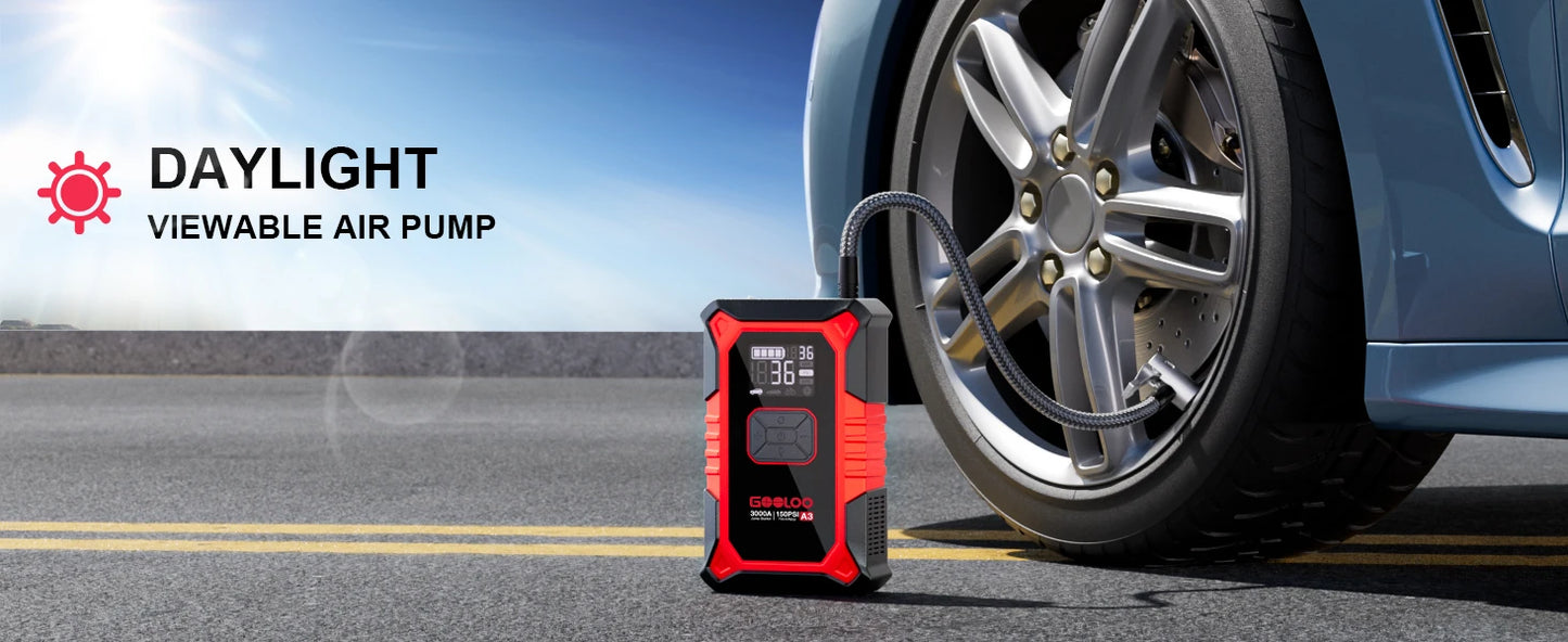 GOOLOO A3 Jump Starter with Air Compressor, 3000A Portable Car Battery Booster (9.0 Gas/6.5L Diesel) with 150PSI Auto-Shutoff Ti
