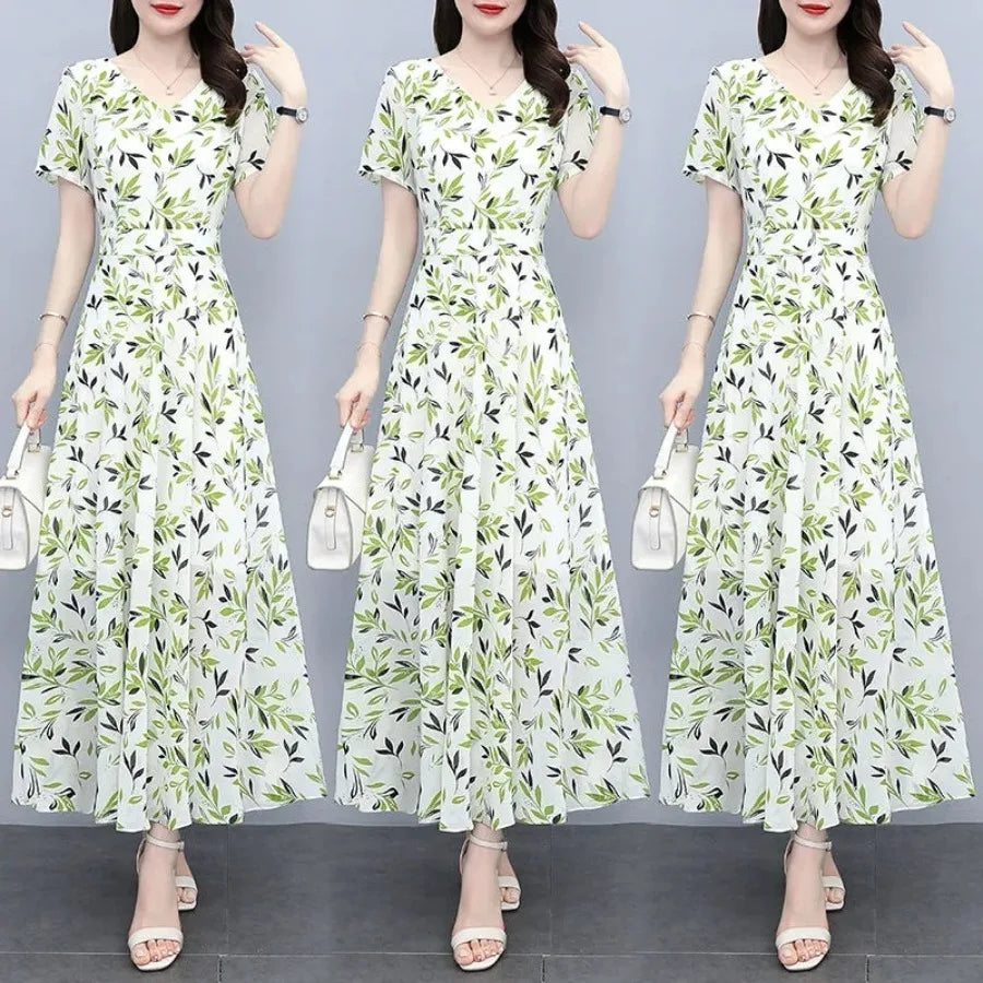 【New style】Summer clothes, new style, medium and long, above the knee, large floral fashion dress, women, waist, slimming, larg