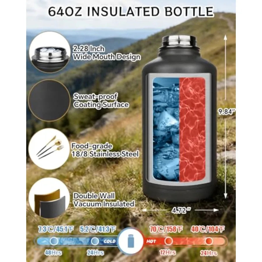 64 oz Insulated Water Bottle with Sleeve Half Gallon Metal Gym Water Jug for Men Women Black