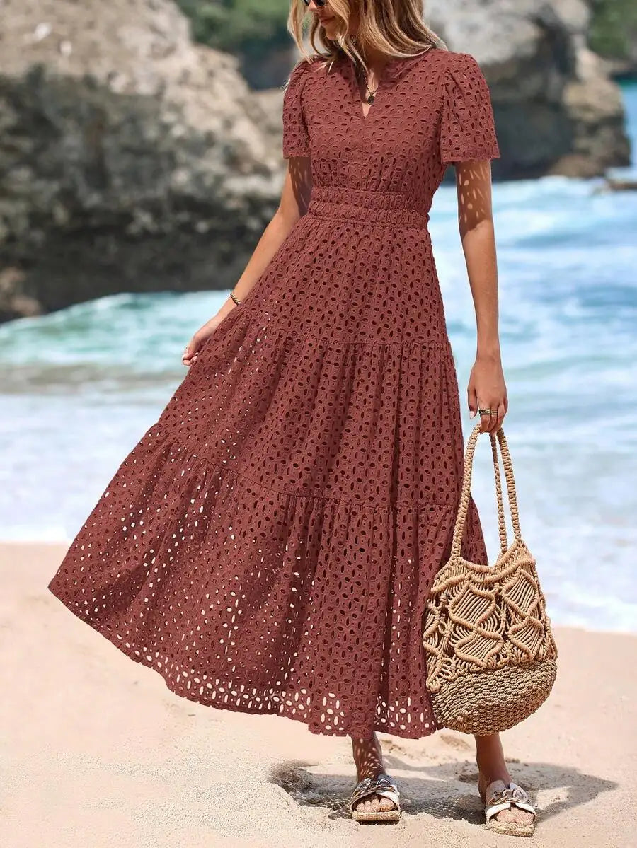 Women's Blue Eyelet Maxi Dress with V-Neck, Short Sleeves, A-Line Flowy Skirt