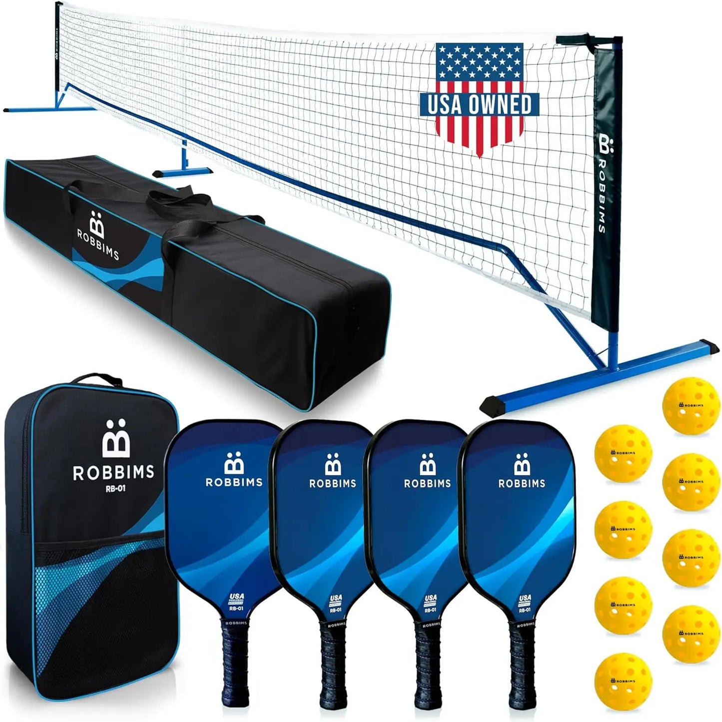 Complete Pickleball Set with Net, 4 Carbon Fiber Paddles, Portable Net System, 8 Balls & Carry Bags