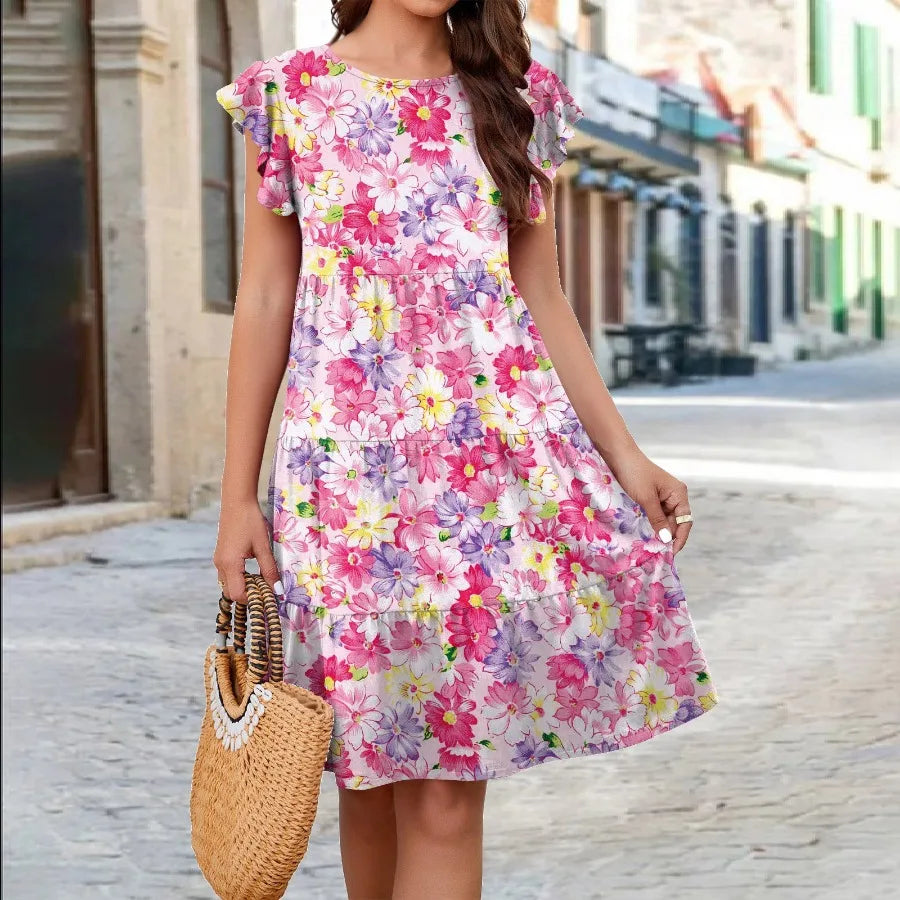【New style】2026  European and American   - spring and summer hot printed cake flying sleeve casual dress for women