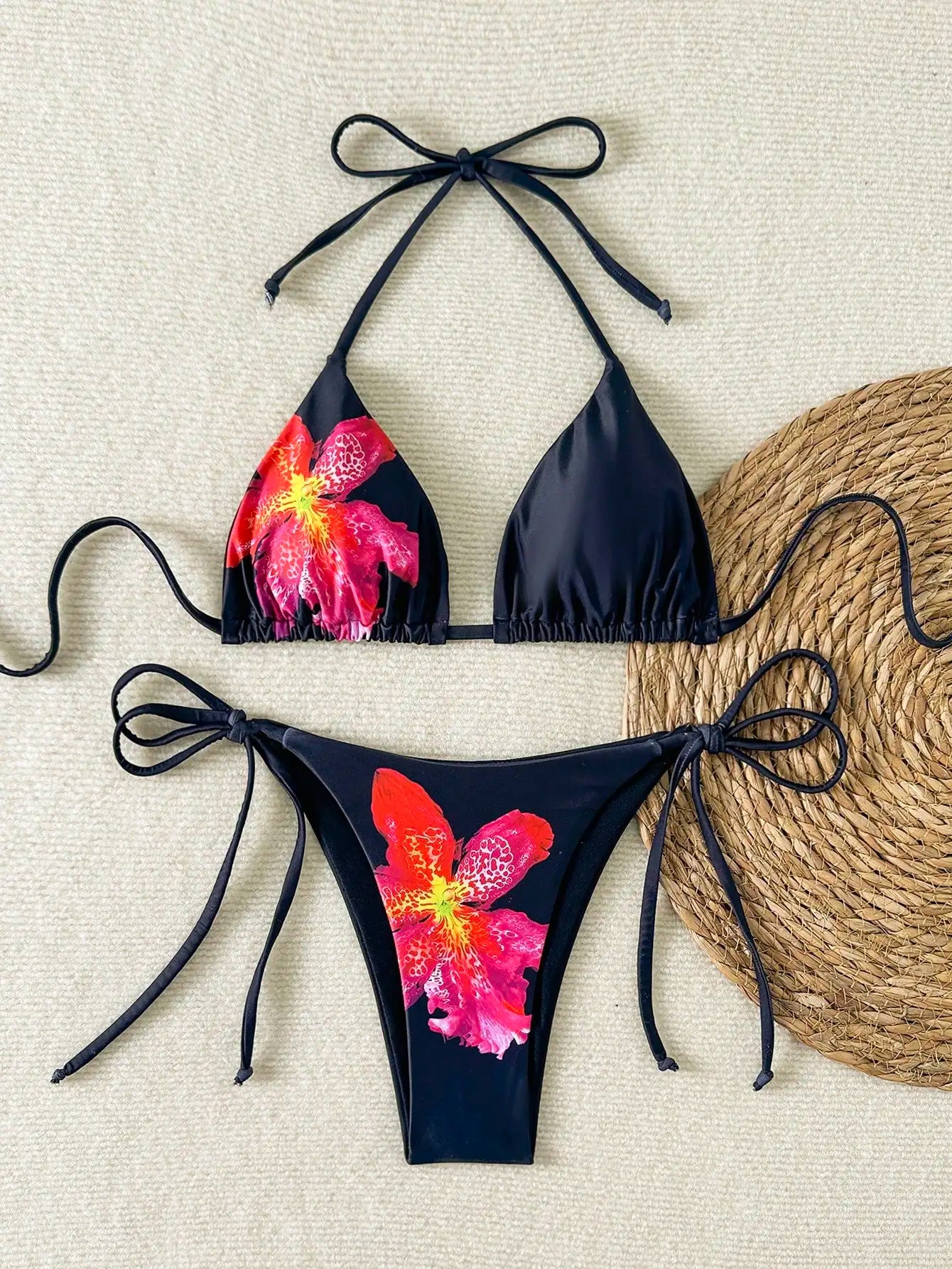 Women's Floral Print Bikini Set with Tie-Up Triangle Top & Side-Tie Bottom, Summer Beachwear
