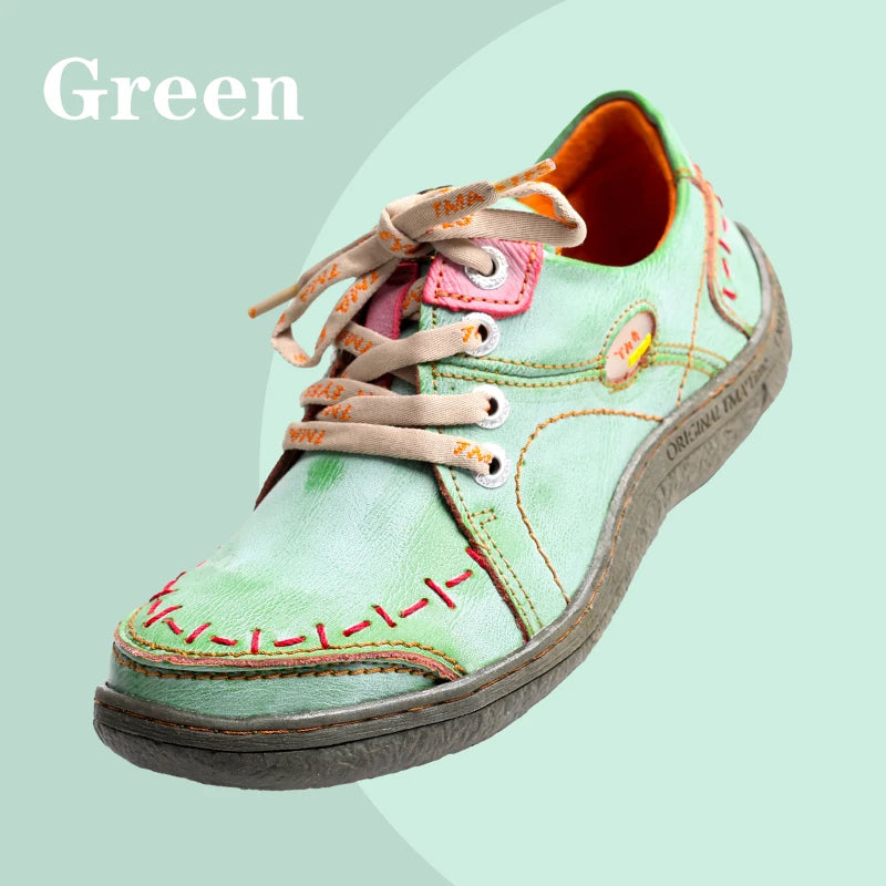 TMA EYES Women's Hand-Stitched Leather Sneakers Lightweight Flat Design Shoes Comfortable Breathable Upper Leather Sole