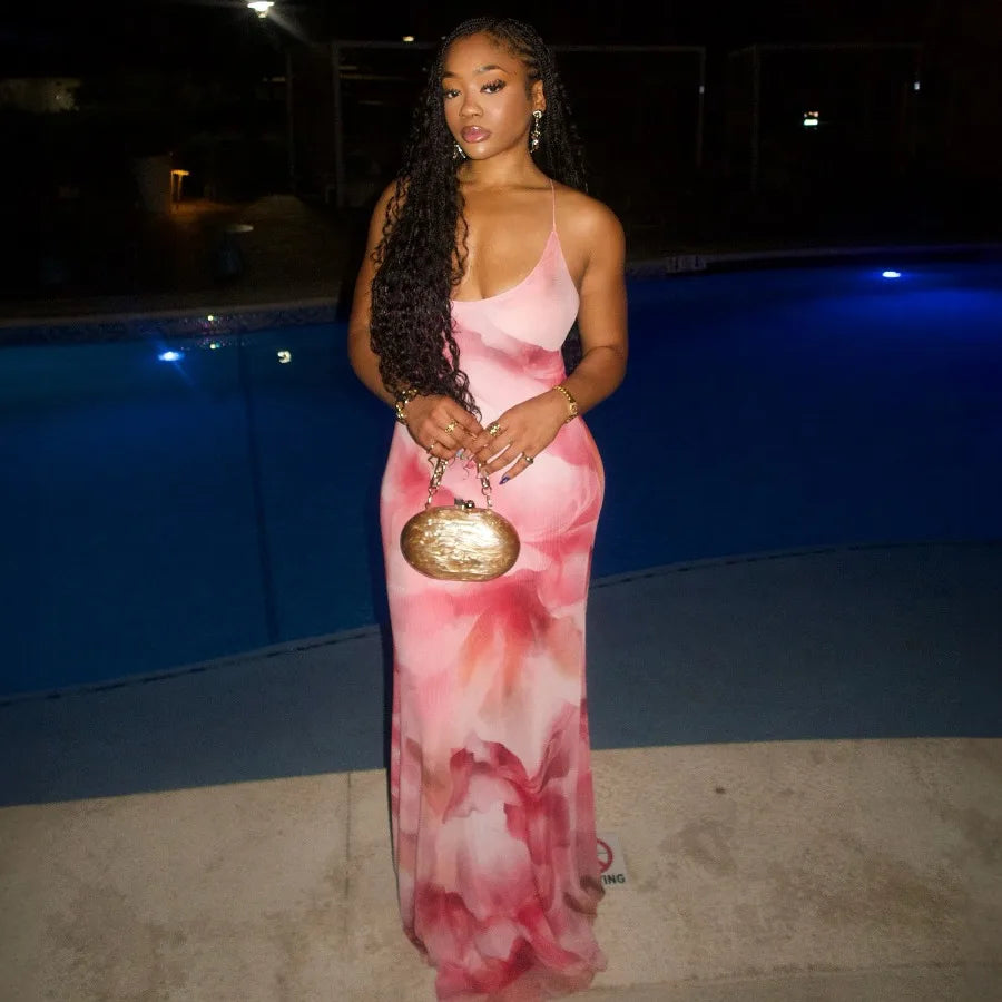 【HOT】European and American style summer new women's style temperament sexy print backless slim waist bag hip dress
