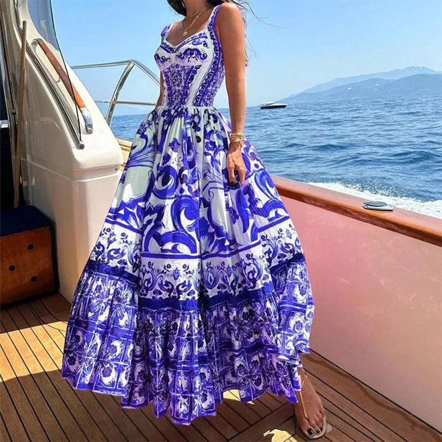 【New style】2026 Spring New Women's Clothing: Printed Pleated Waist-Cinching Ruffle Hem Long Dress