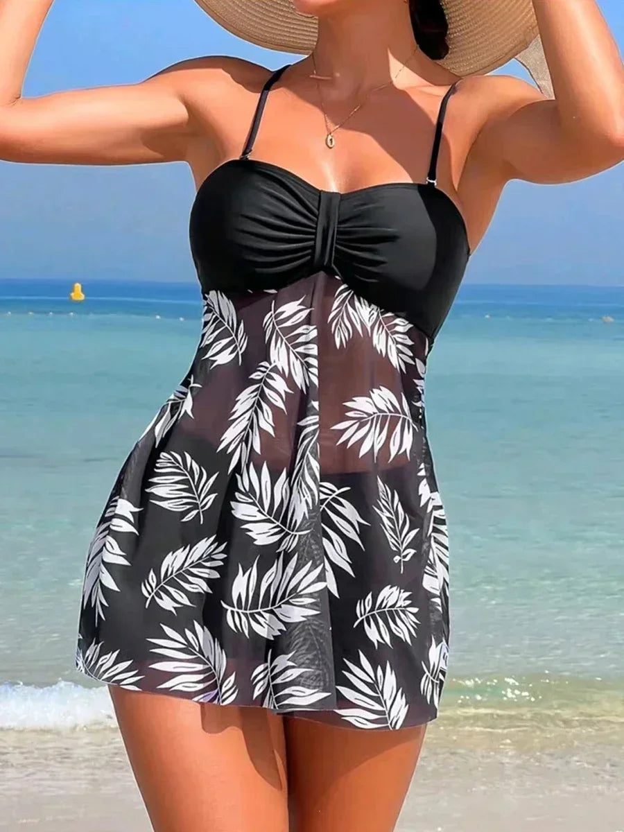 2024 Summer Short Dress Split Swimsuit Women's Sexy Fashion High Waist Swimsuit Thickened Mesh Print Swimming Beach Wear