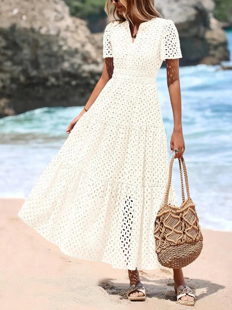 Women's Blue Eyelet Maxi Dress with V-Neck, Short Sleeves, A-Line Flowy Skirt