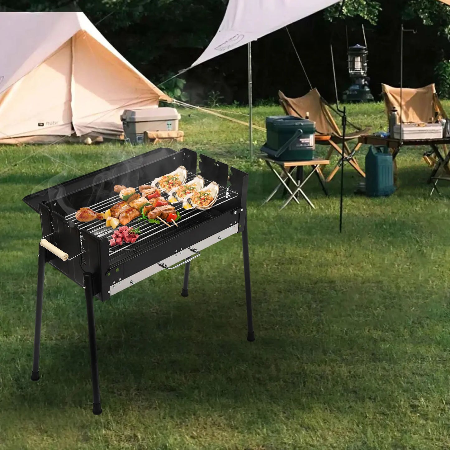 Barbecue Charcoal Grill Stainless Steel Folding Portable BBQ Tool Kits for Outdoor Cooking Camping or Any Outdoor Event