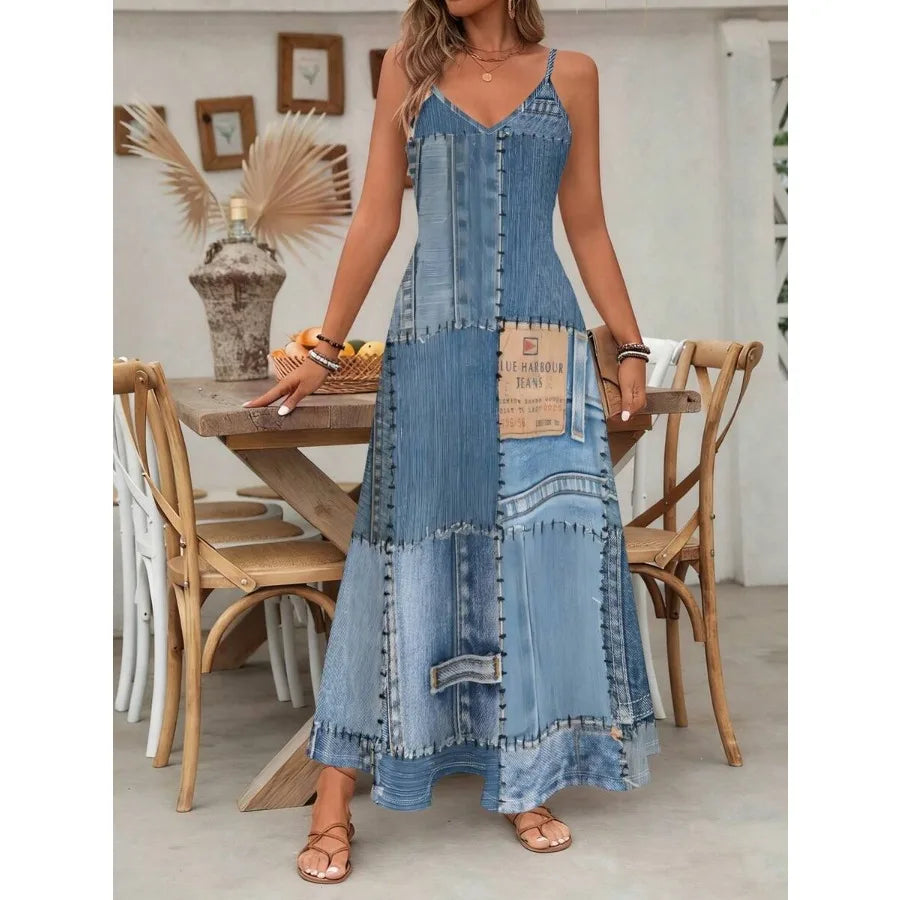 【New style】A Piece Of Retro Denim Patchwork Textured Knitted V-Neck Spaghetti Strap Dress, A Women's Outfit For Summer Casual O