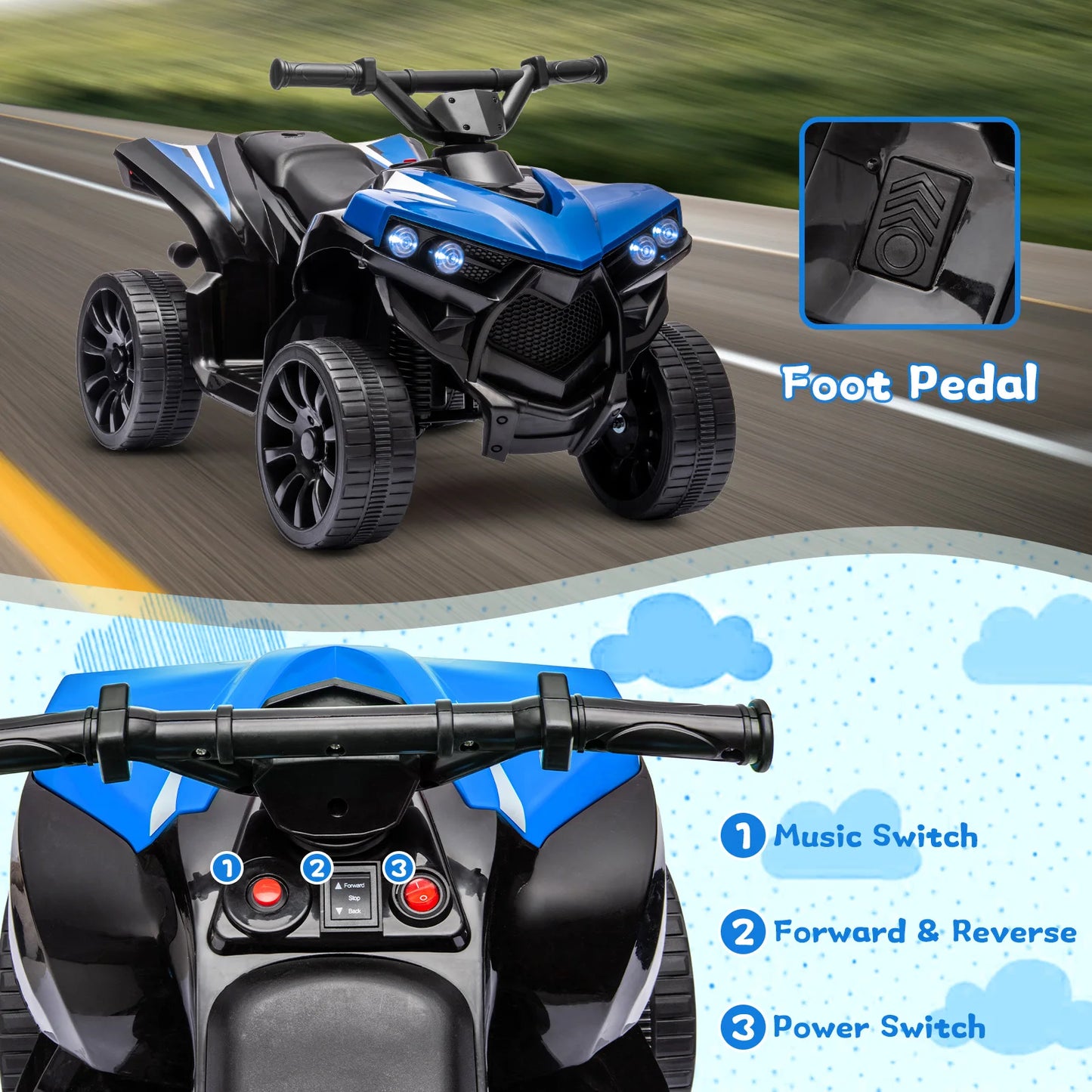 6V Ride On Toys 4-Wheeler Quad ATV Electric Car for Kids 1.8MPH Max Speed, Treaded Tires,Rubber Handles, Push-Button Accelerator