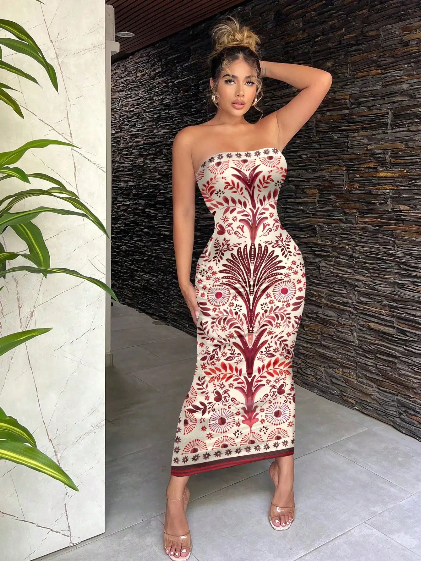 Sexy Retro Bohemian Green Tropical Print Strapless Bodycon Midi Dress For Vacation Beach Resort