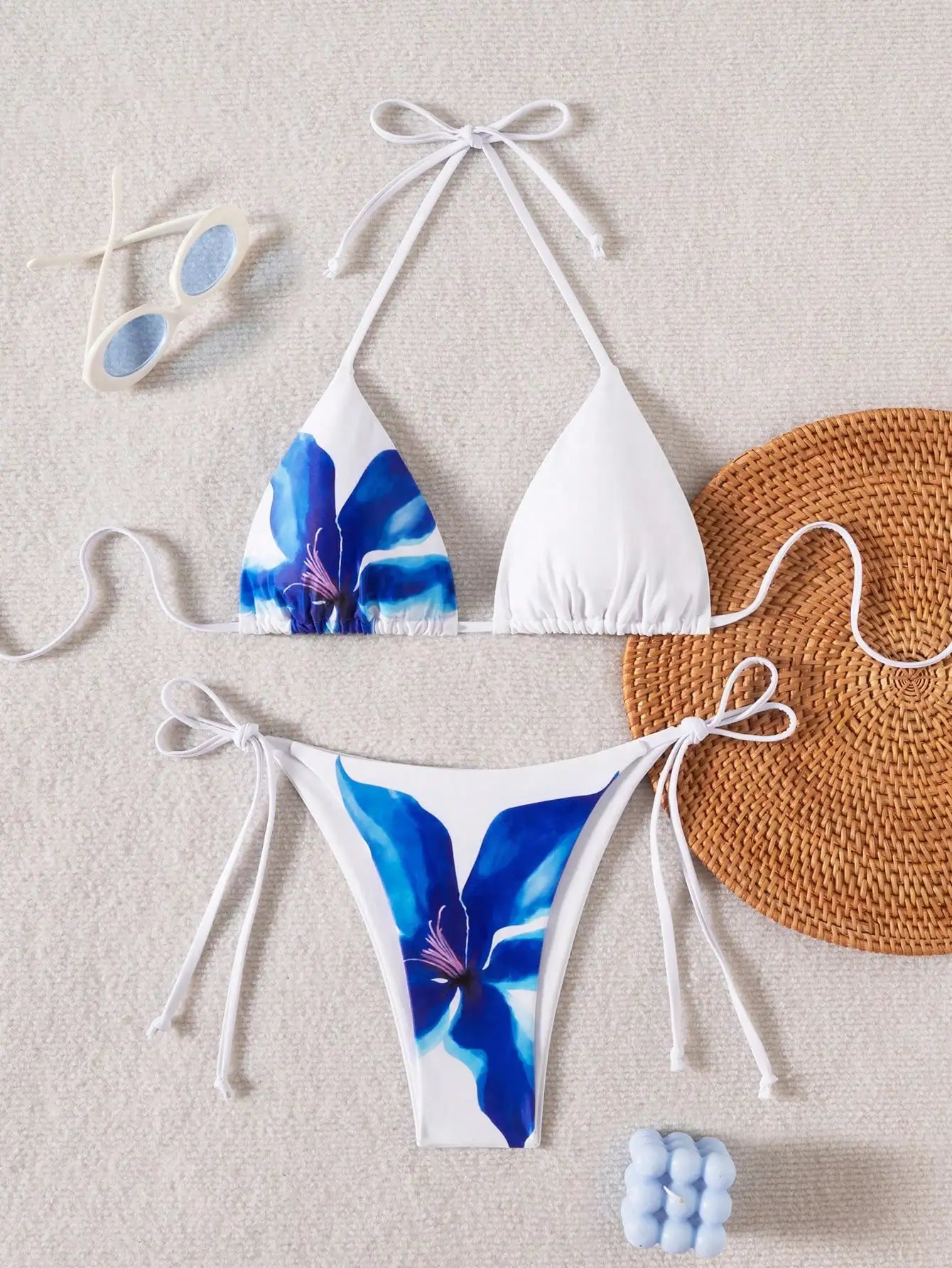 Women's Floral Print Bikini Set with Tie-Up Triangle Top & Side-Tie Bottom, Summer Beachwear