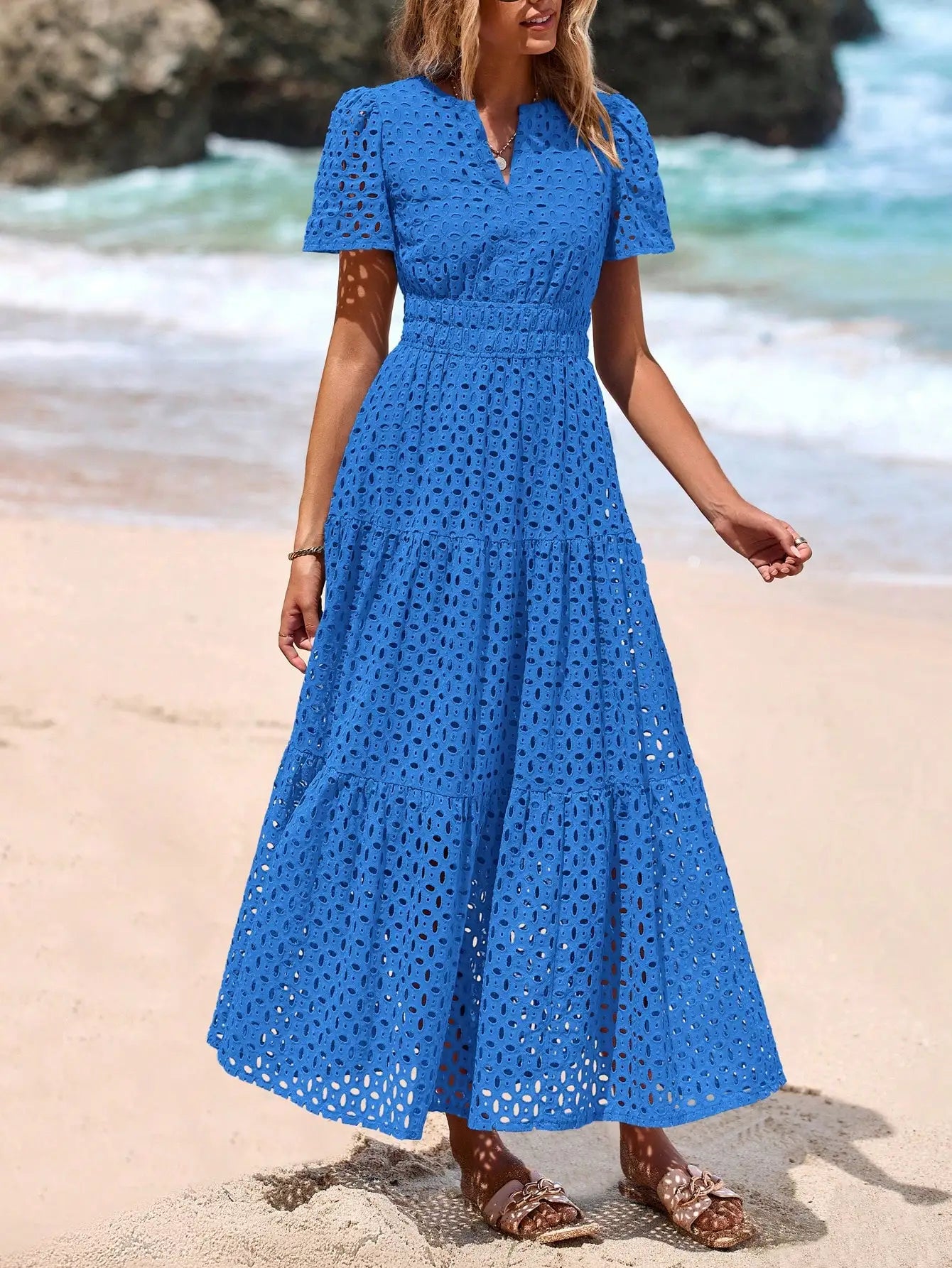 Women's Blue Eyelet Maxi Dress with V-Neck, Short Sleeves, A-Line Flowy Skirt