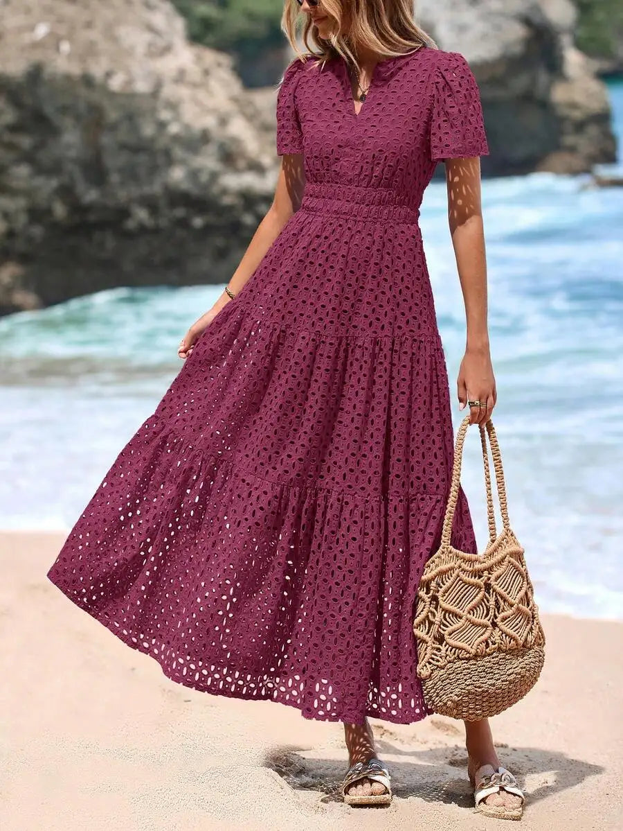 Women's Blue Eyelet Maxi Dress with V-Neck, Short Sleeves, A-Line Flowy Skirt