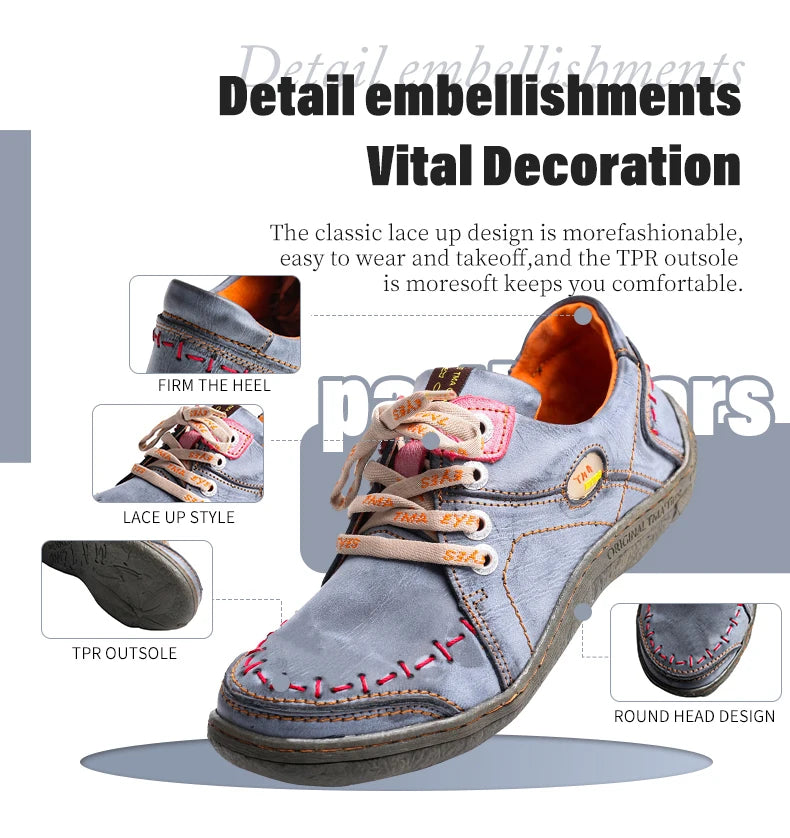 TMA EYES Women's Hand-Stitched Leather Sneakers Lightweight Flat Design Shoes Comfortable Breathable Upper Leather Sole