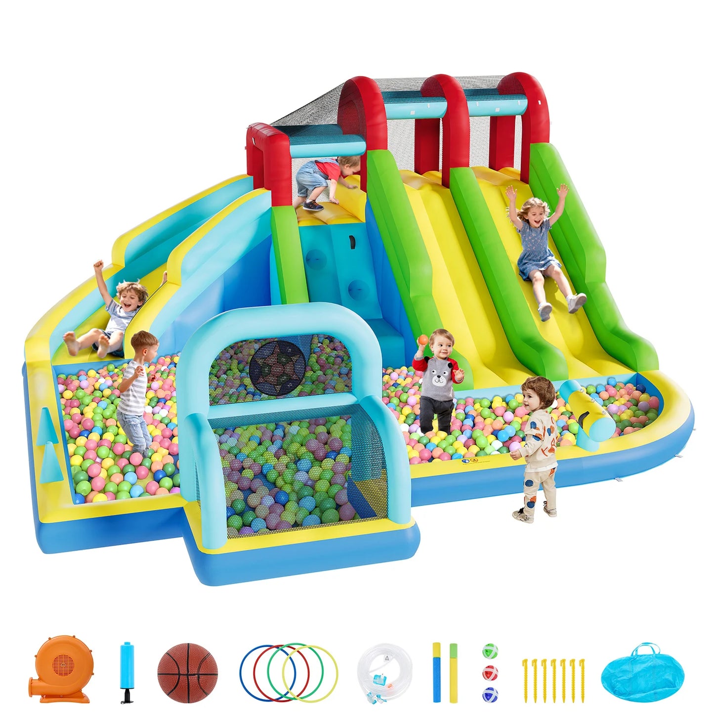 Inflatable Bounce House 3 Water Slides Oxford Fabric Bouncy Castle Kids Play Center with Blower for Indoor Outdoor Backyard Fun
