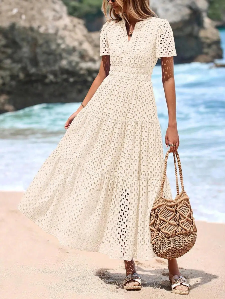 Women's Blue Eyelet Maxi Dress with V-Neck, Short Sleeves, A-Line Flowy Skirt