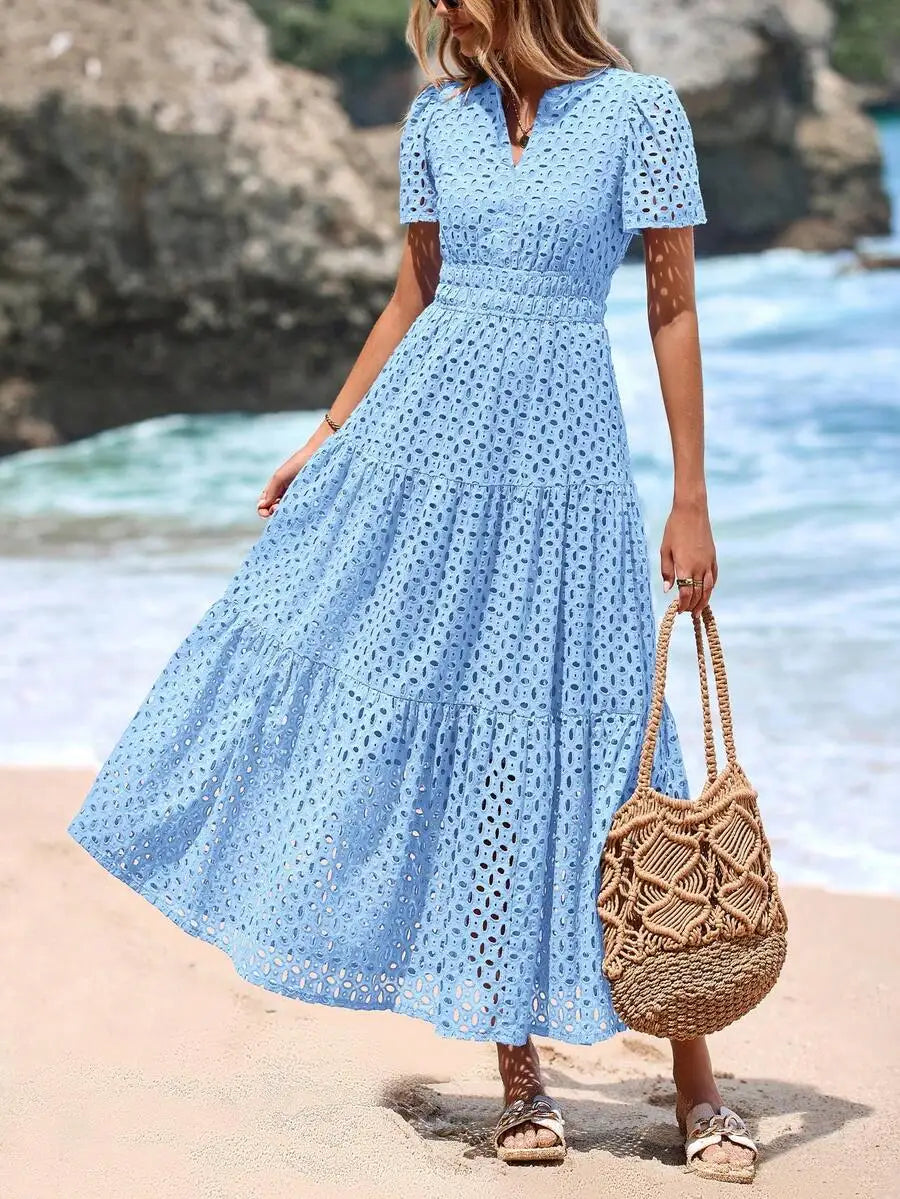 Women's Blue Eyelet Maxi Dress with V-Neck, Short Sleeves, A-Line Flowy Skirt