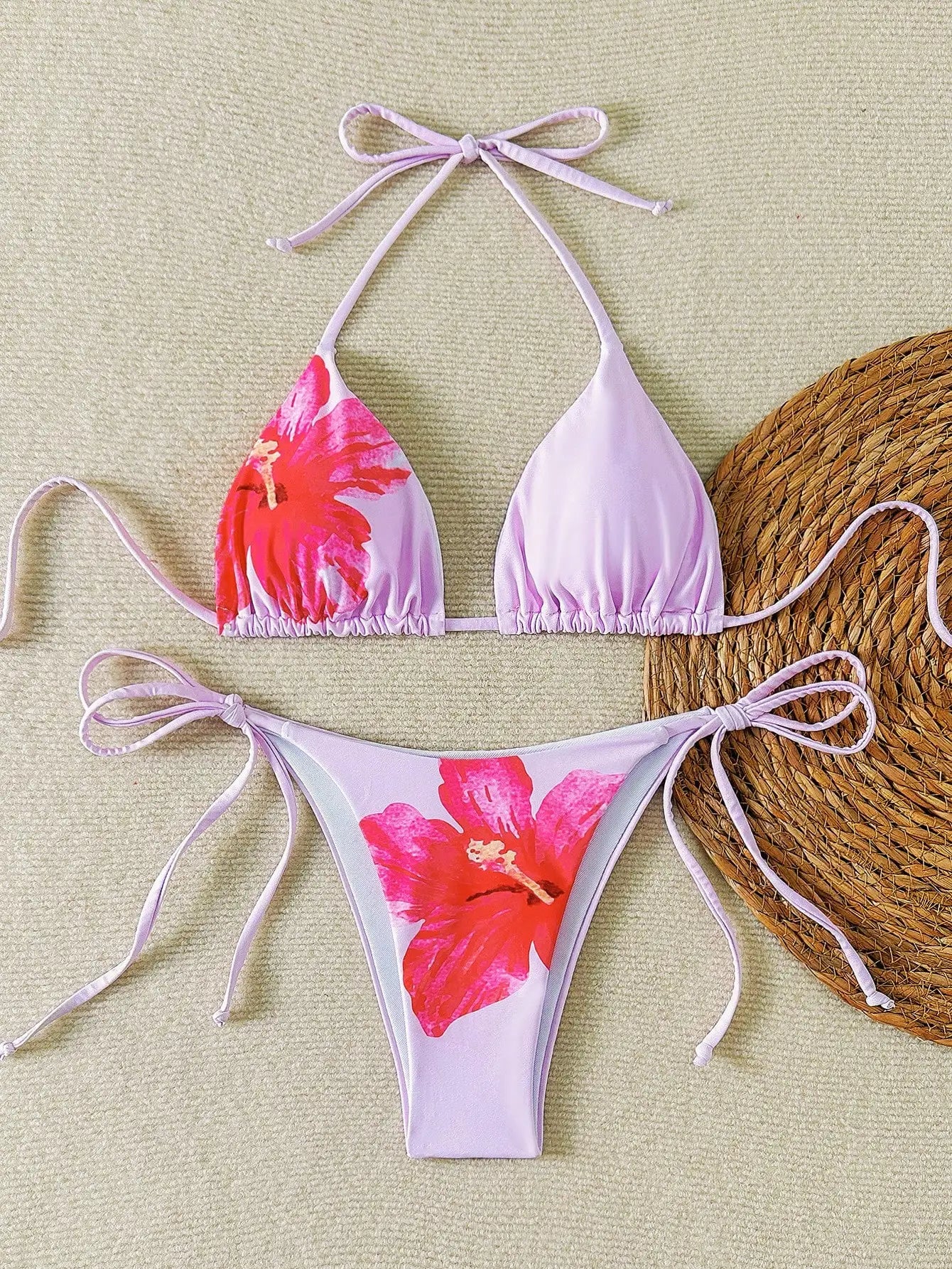 Women's Floral Print Bikini Set with Tie-Up Triangle Top & Side-Tie Bottom, Summer Beachwear