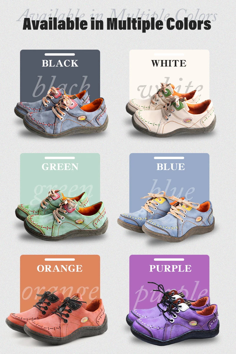 TMA EYES Women's Hand-Stitched Leather Sneakers Lightweight Flat Design Shoes Comfortable Breathable Upper Leather Sole