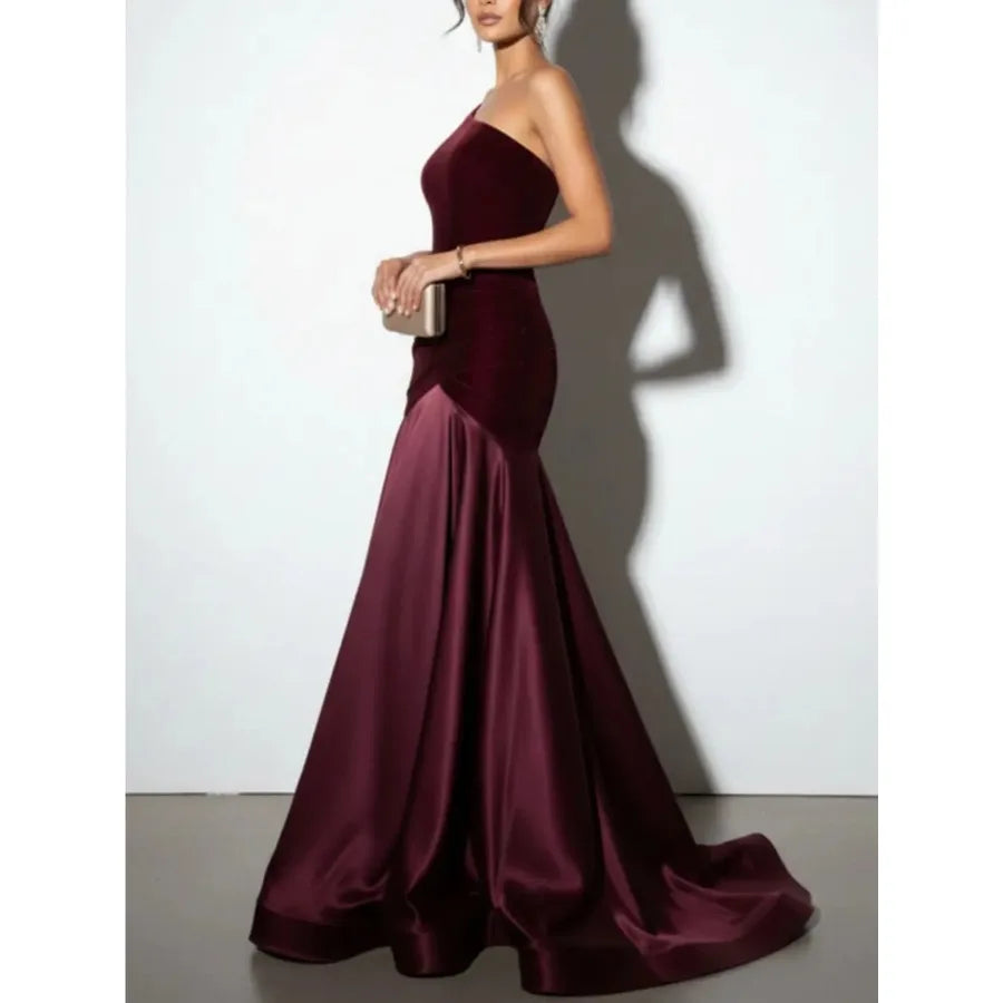 Women's Luxurious -Neck Off-Shoulder Evening Gown - Bodycon A-Line Dress with Rhinestone Side Split Hem Machine Washable Suitab