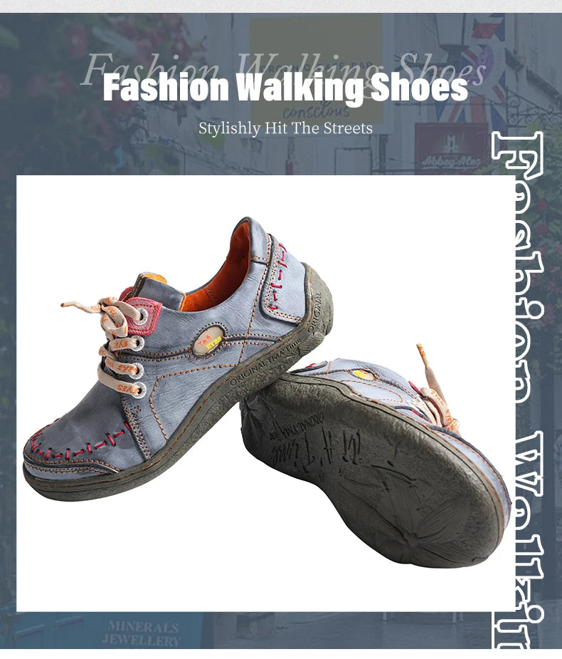 TMA EYES Women's Hand-Stitched Leather Sneakers Lightweight Flat Design Shoes Comfortable Breathable Upper Leather Sole