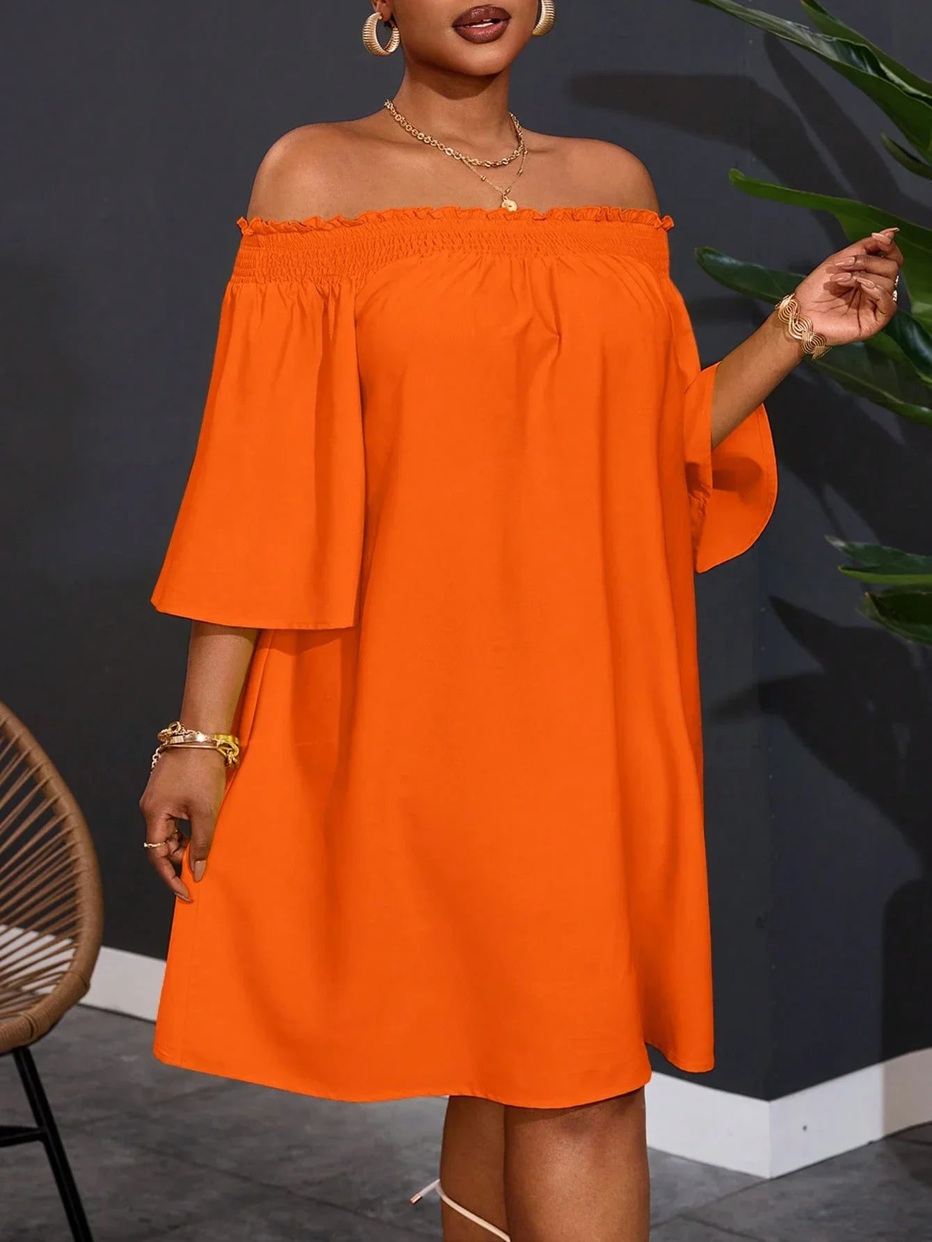Off Shoulder Orange A-Line Dress For Women Summer Casual Vacation Outfit