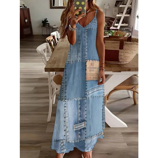 【New style】A Piece Of Retro Denim Patchwork Textured Knitted V-Neck Spaghetti Strap Dress, A Women's Outfit For Summer Casual O