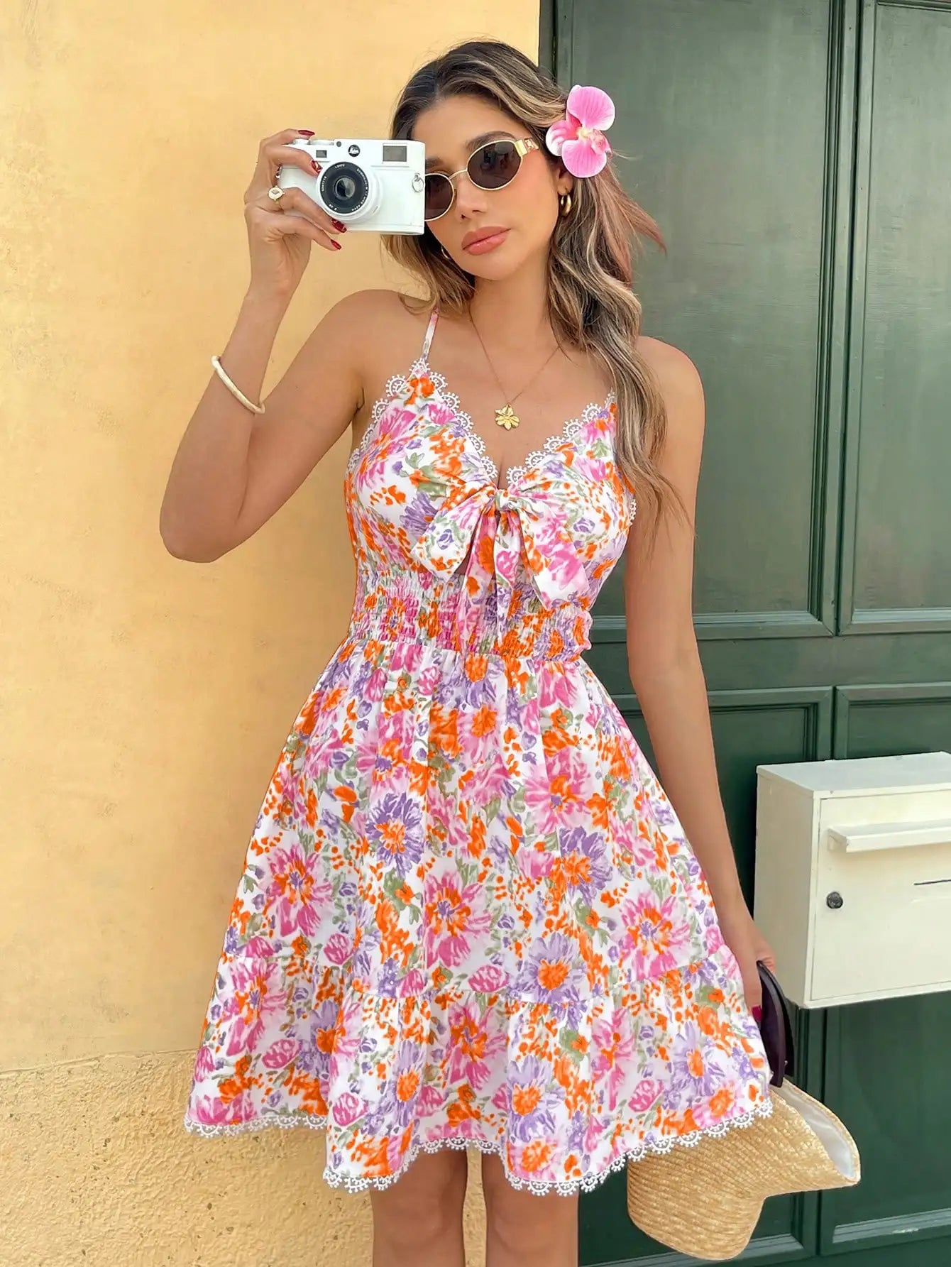 Casual Ditsy Floral Spaghetti Strap Mini Dress For Summer Vacation Beach Boho