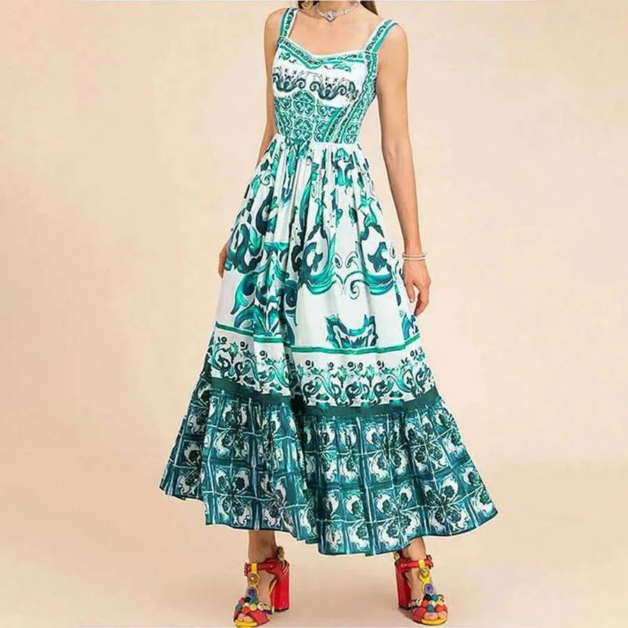 【New style】2026 Spring New Women's Clothing: Printed Pleated Waist-Cinching Ruffle Hem Long Dress