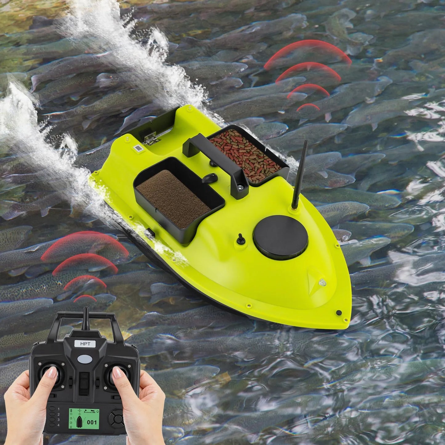 Long-Lasting Remote Control Bait Boat 2*5200mAh Batteries (90min Use) & 1968ft Range, LCD Screen For Easy Operation