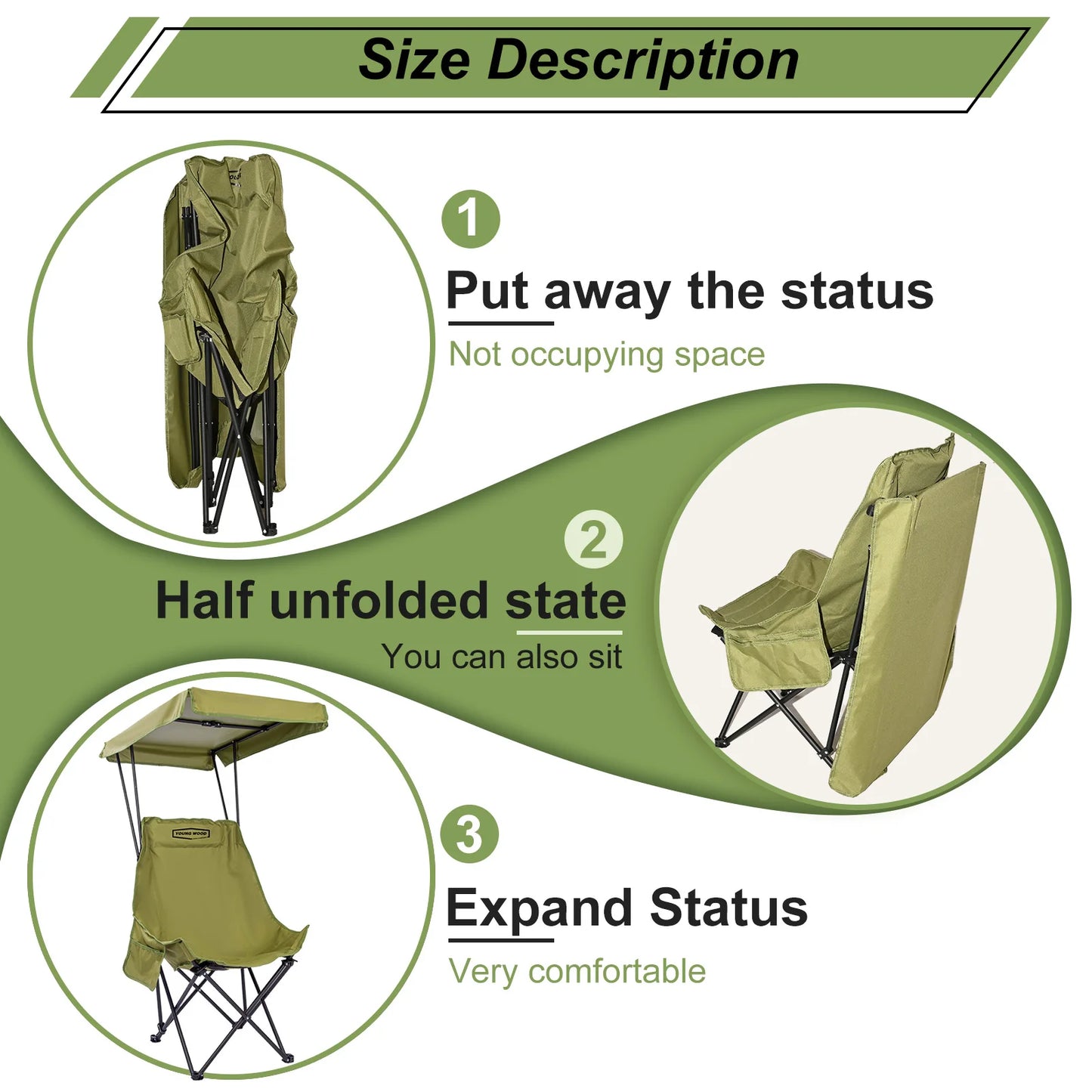 YOUNG WOOD Portable Camping Chair Beach Chair with Shade Canopy, Fold Lightweight Oversized for All, Easy to Open and Close