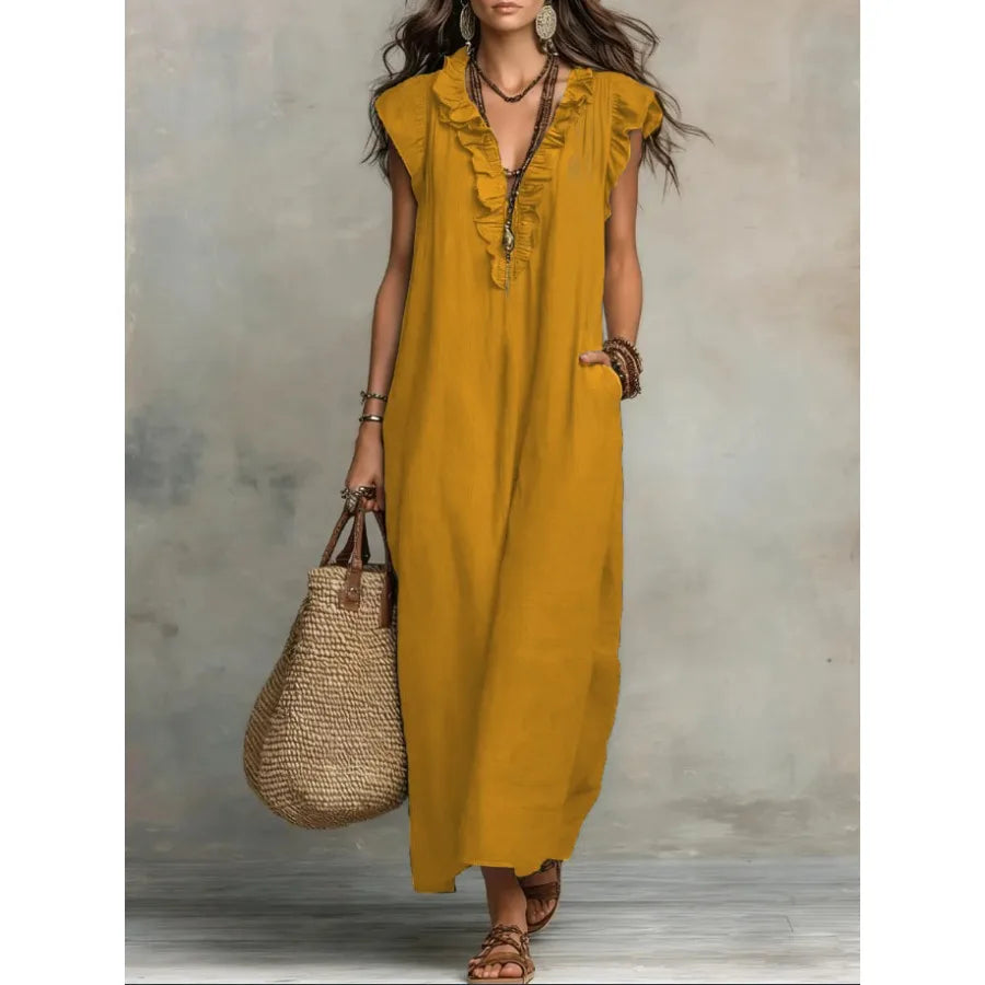 European and American solid color sleeveless v-neck holiday dress women's - 2026 spring and summer pocket ruffled temperament d