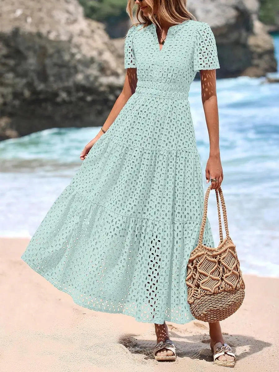 Women's Blue Eyelet Maxi Dress with V-Neck, Short Sleeves, A-Line Flowy Skirt