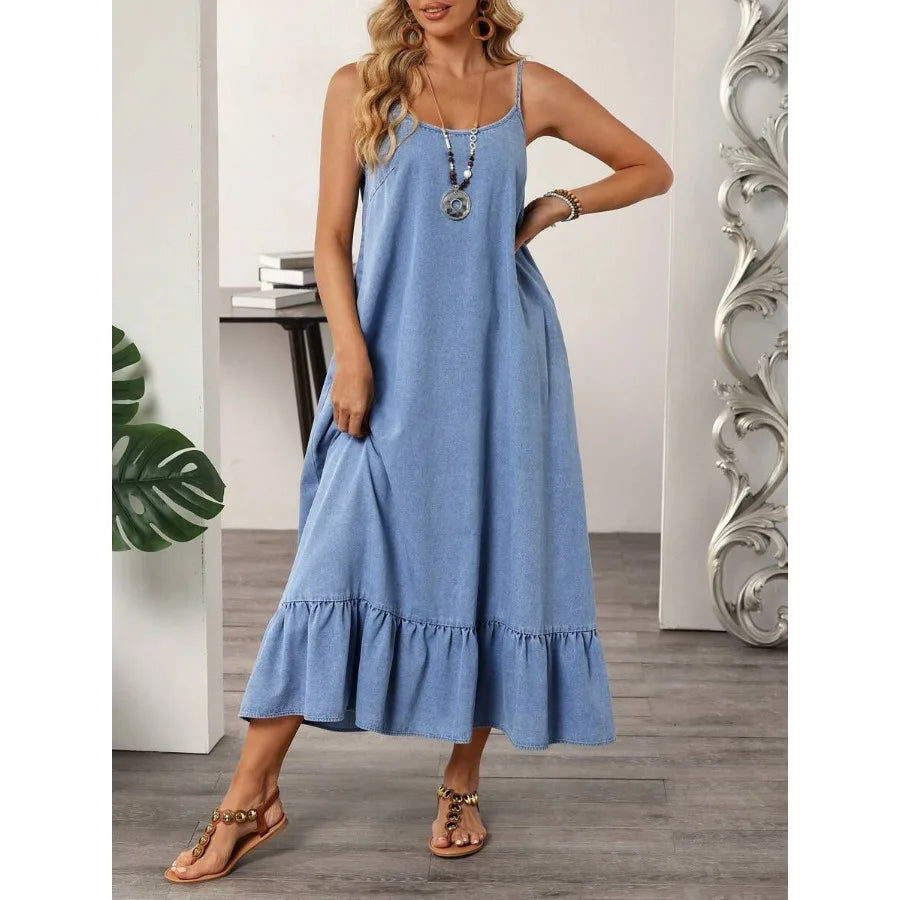 【New style】 LUNE Women's Casual Denim Dress With Ruffle Hem, Adjustable Spaghetti Straps, Summer