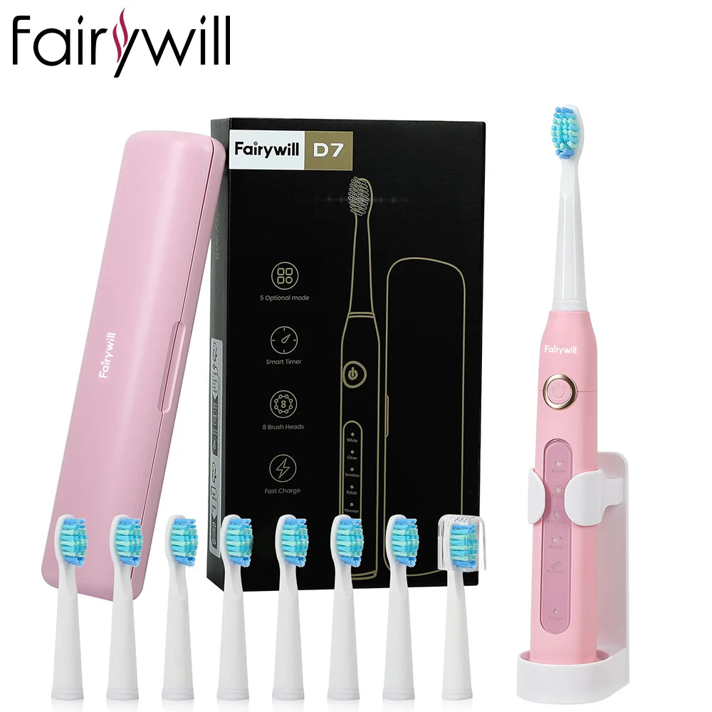 Fairywill FW-507 Sonic Electric Toothbrush 5 Modes USB Charger Tooth Brushes Replacement Timer Sonic Toothbrush 8 Brush Heads