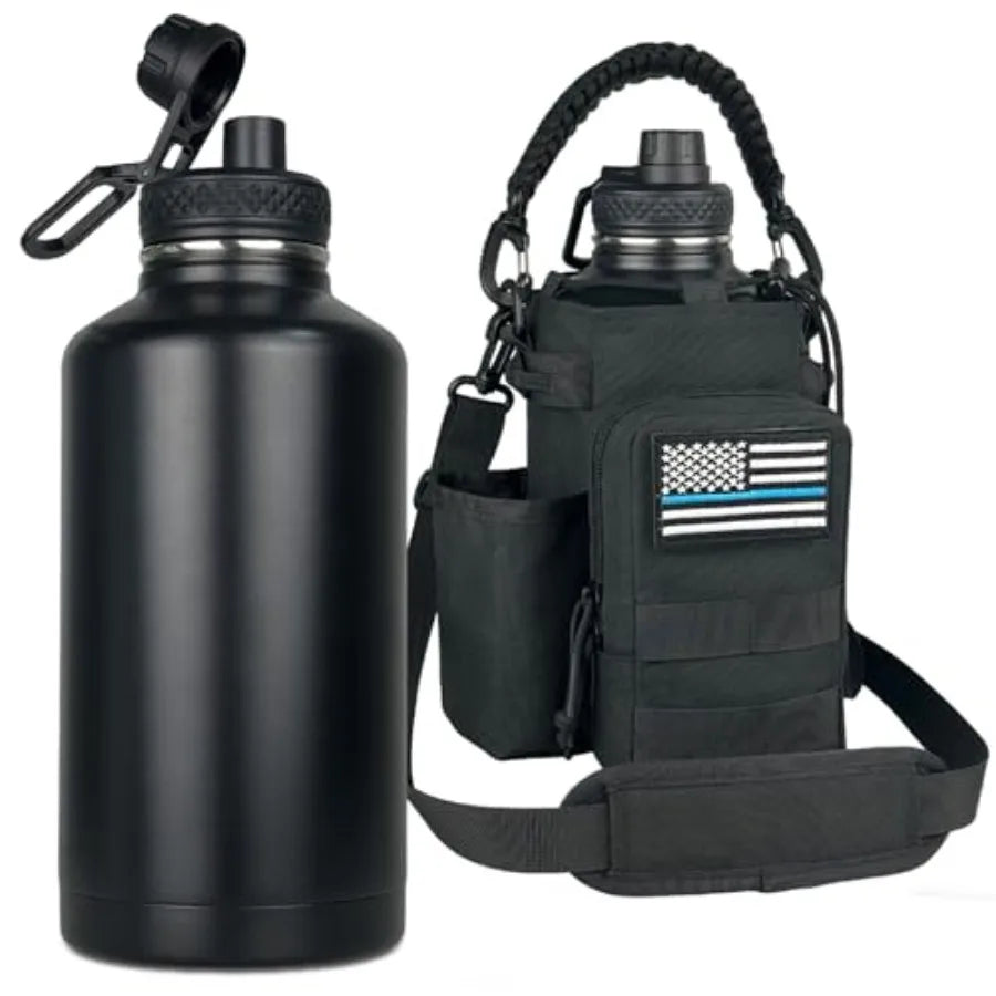 64 oz Insulated Water Bottle with Sleeve Half Gallon Metal Gym Water Jug for Men Women Black