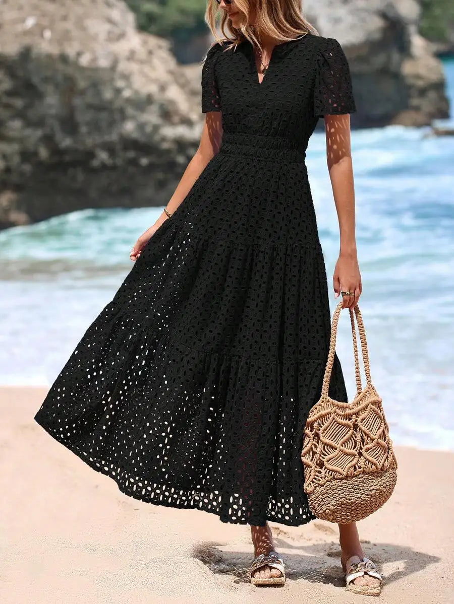 Women's Blue Eyelet Maxi Dress with V-Neck, Short Sleeves, A-Line Flowy Skirt